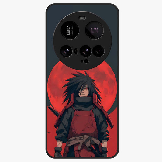 Crimson Moon Warlord Glass Case showing flat back view with mystical moon warrior artwork and glossy glass finish.