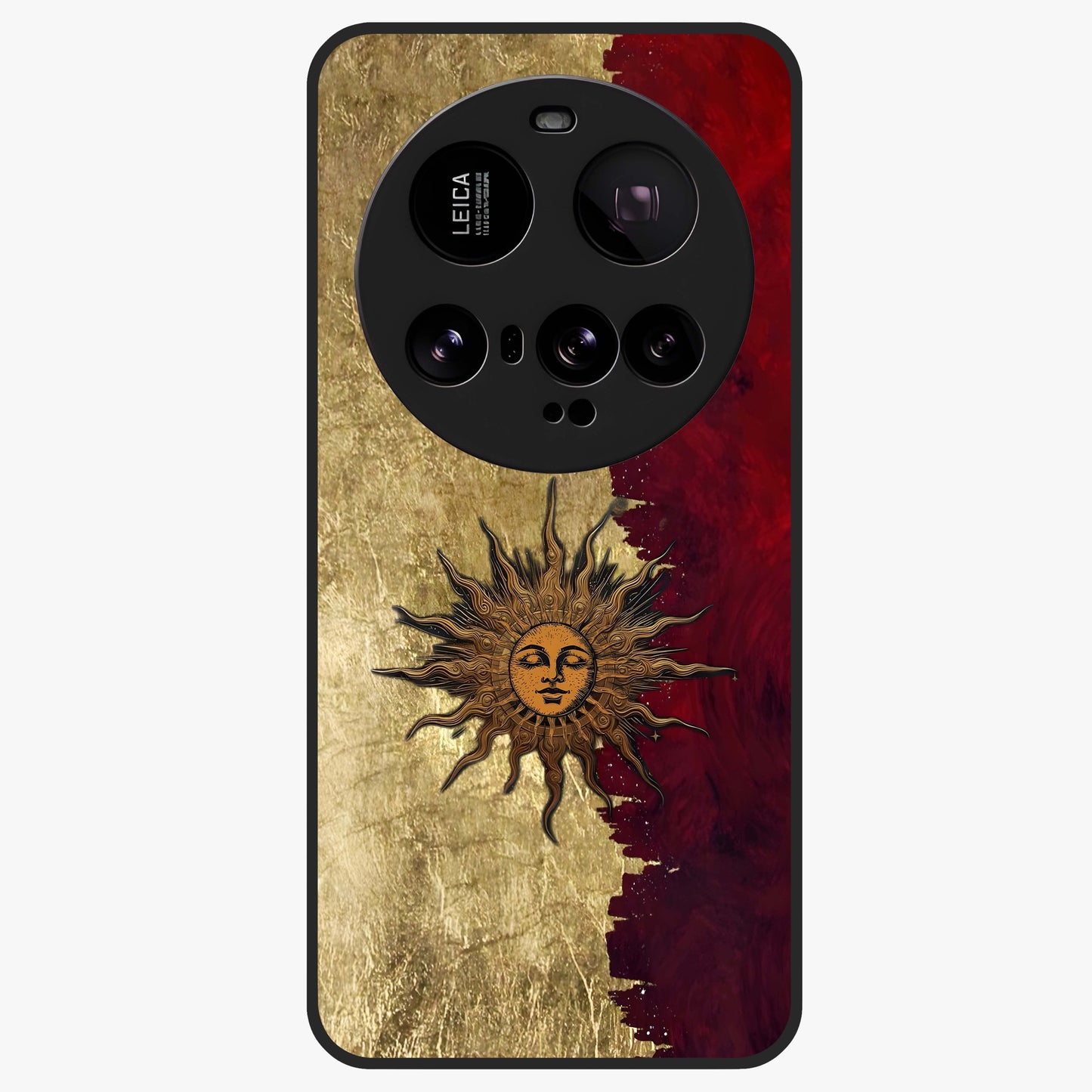 Crimson Sun Majesty Glass Case showing flat back view with radiant sun inspired artwork and glossy glass finish.