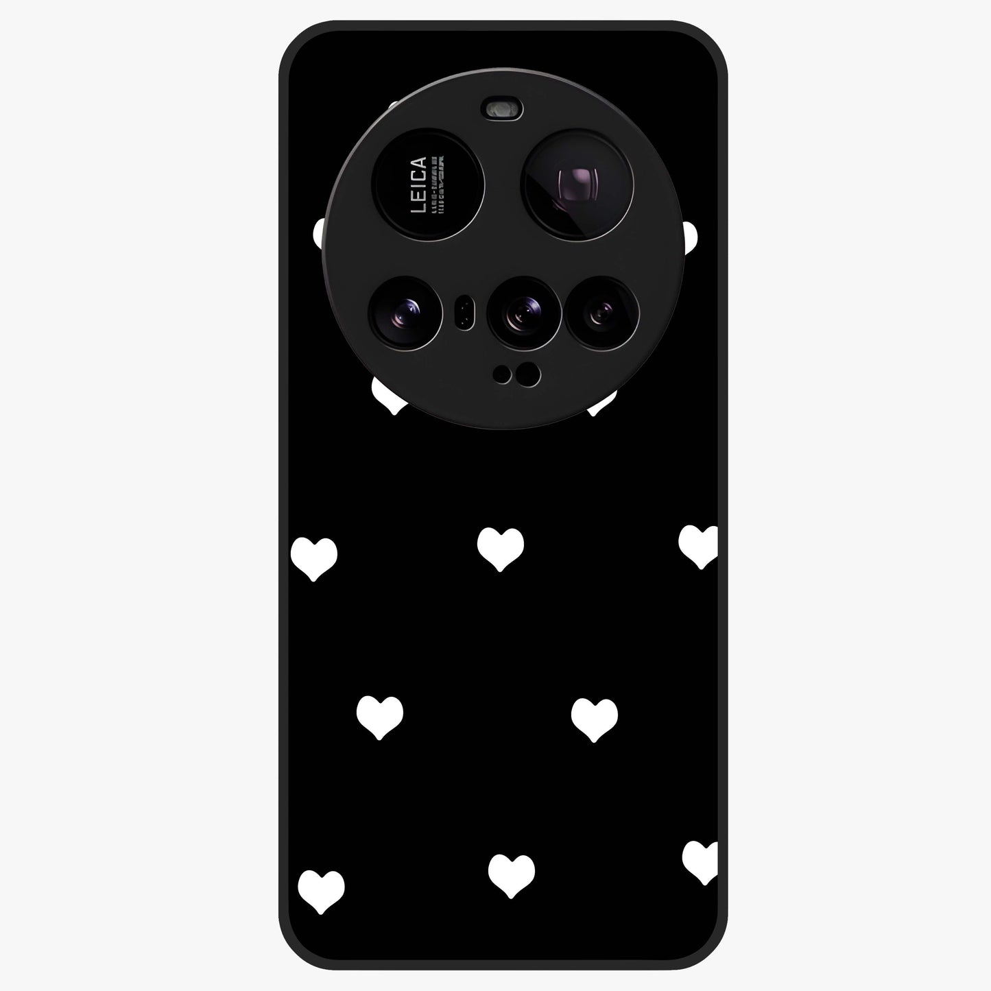 Cute And Simple White Hearts Glass Case showing flat back view with minimal white heart pattern and glossy glass finish.