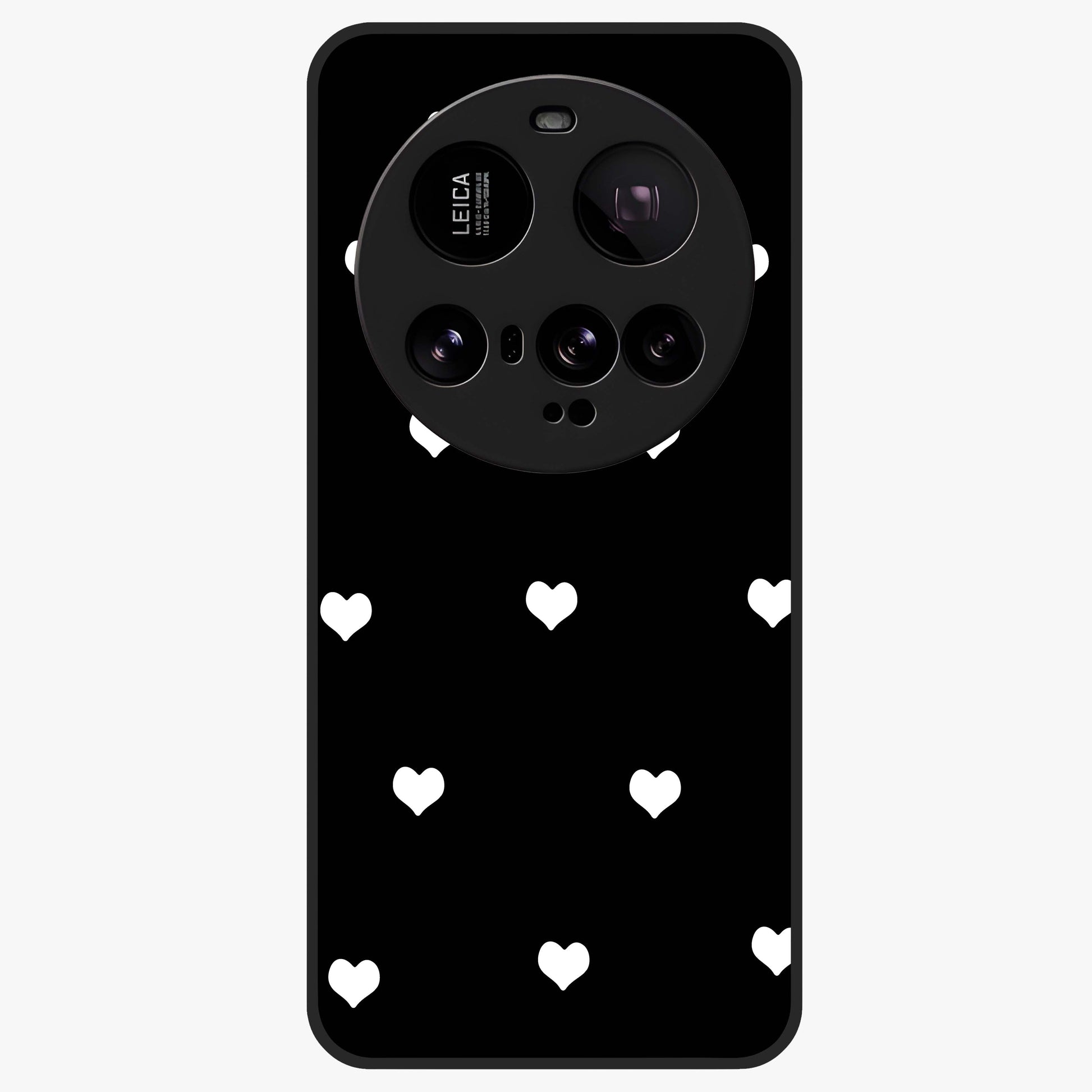 Cute And Simple White Hearts Glass Case showing flat back view with minimal white heart pattern and glossy glass finish.