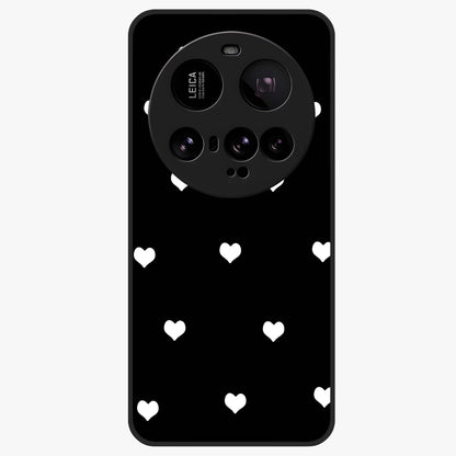 Cute And Simple White Hearts Glass Case showing flat back view with minimal white heart pattern and glossy glass finish.
