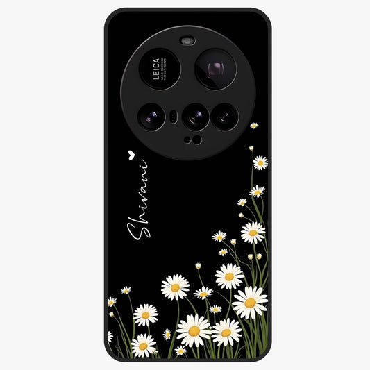 Daisy Cascade Custom Name Glass Case showing flat back view with cascading daisy flowers and personalized name design.
