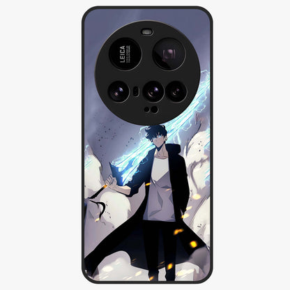 Dark Lightning Anime Warrior Glass Case showing flat back view with intense anime warrior artwork and glossy glass finish.