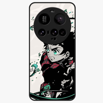 Demon Slayer Glass Case showing flat back view with bold anime inspired artwork and glossy glass finish.