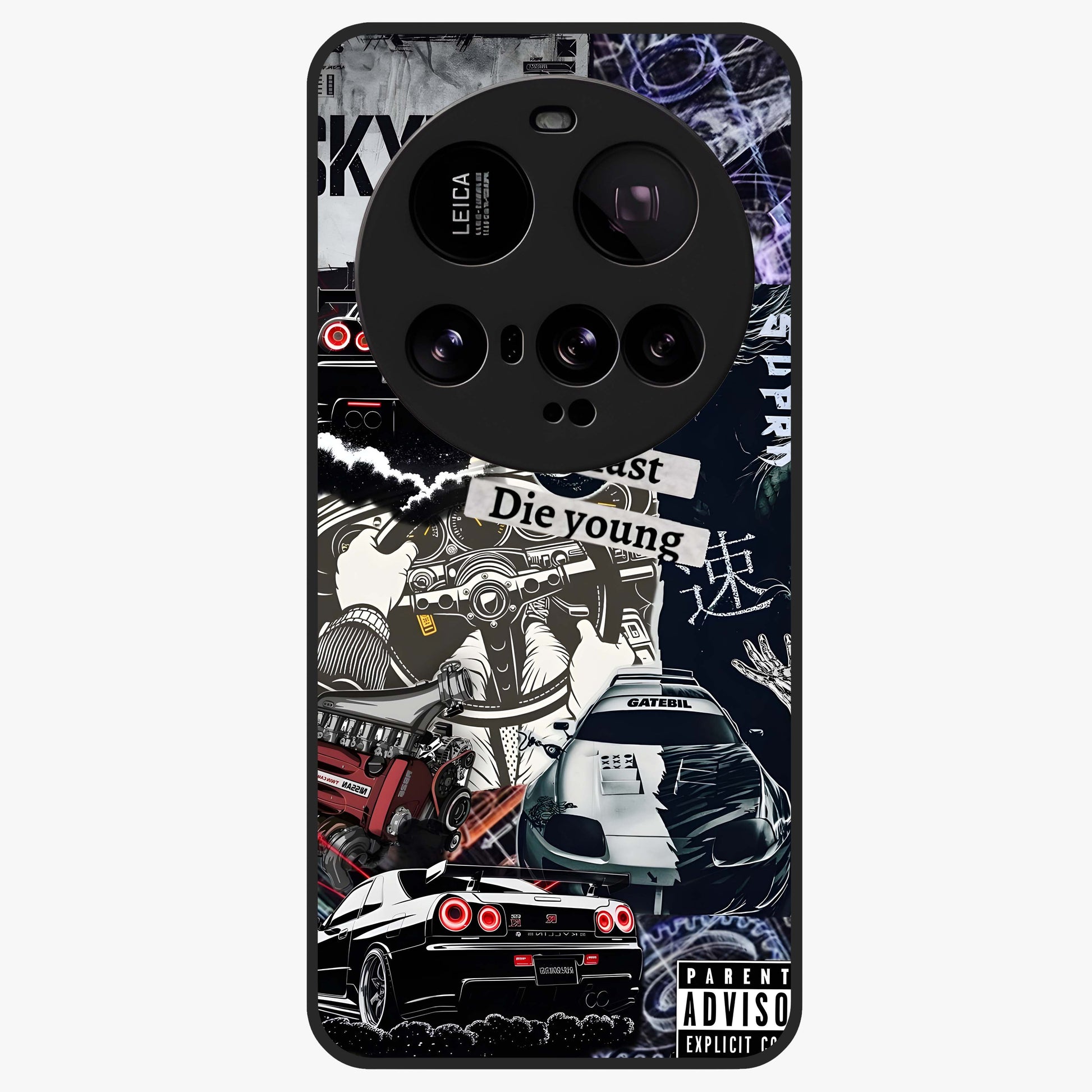 Die Young Glass Case showing flat back view with bold artistic typography design and glossy glass finish.