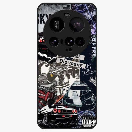 Die Young Glass Case showing flat back view with bold artistic typography design and glossy glass finish.