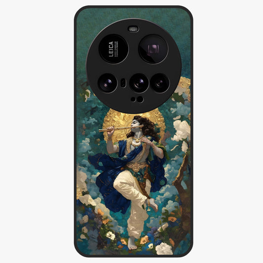 Divine Krishna Art Glass Case showing flat back view with Lord Krishna artwork and glossy glass finish.