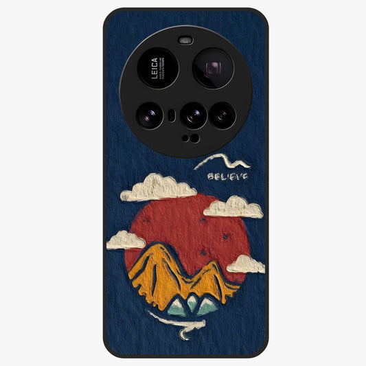 Dream Beyond Mountains Glass Case showing flat back view with scenic mountain landscape artwork and glossy glass finish.