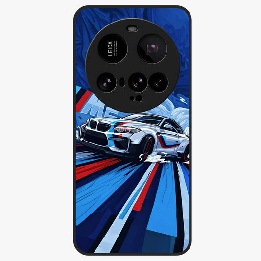 Drift Power Rush Glass Case showing flat back view with dynamic racing inspired artwork and glossy glass finish.