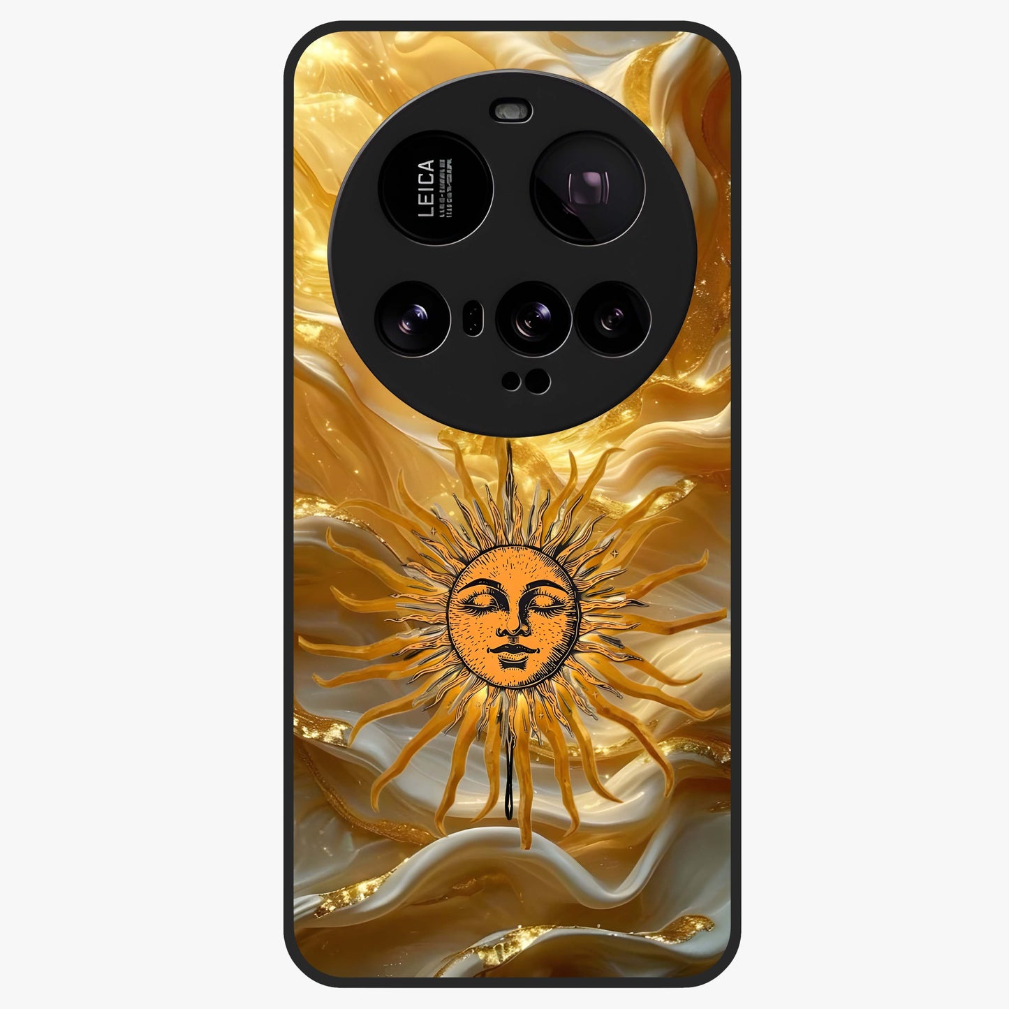 Eternal Golden Glow Glass Case showing flat back view with radiant golden themed artwork and glossy glass finish.