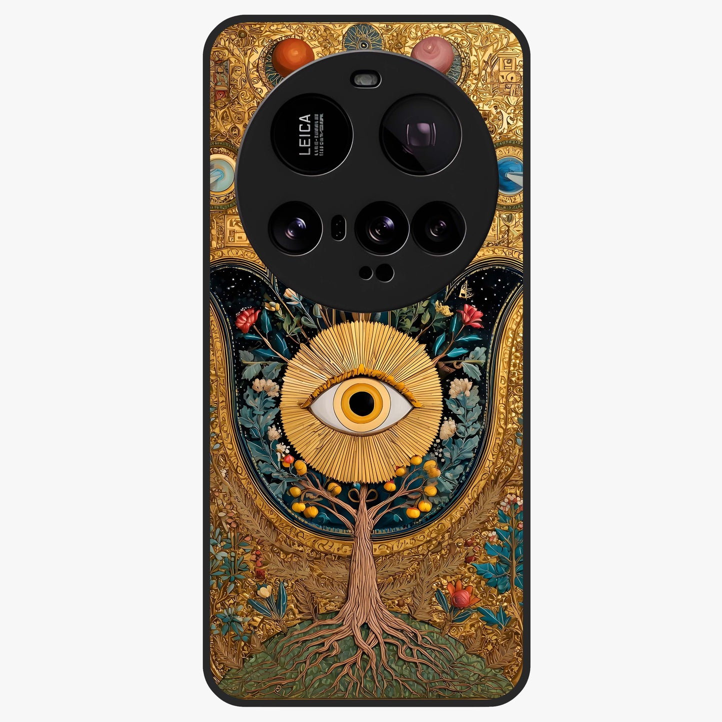 Ethereal Evil Eye Glass Case showing flat back view with mystical evil eye artwork and glossy glass finish.