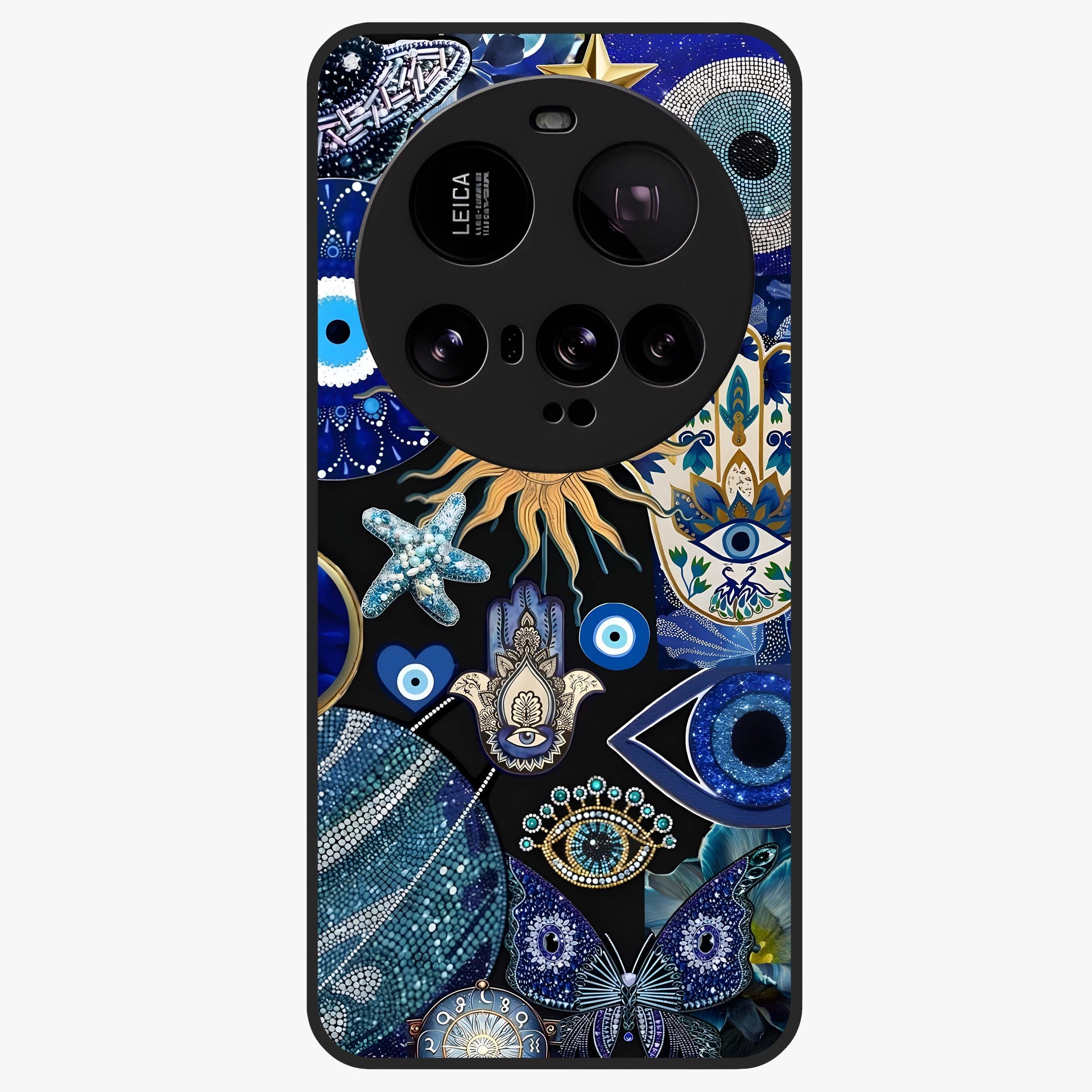 Evil Eye Charm Mix Glass Case showing flat back view with multiple evil eye charms artwork and glossy glass finish.