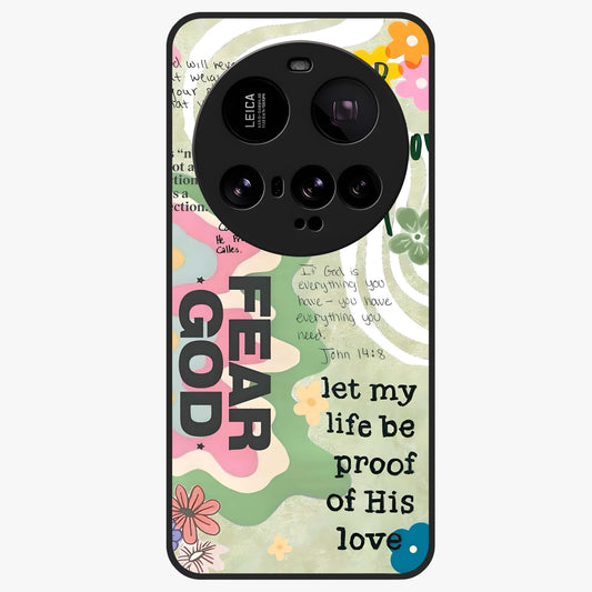 Faith Over Fear Glass Case showing flat back view with motivational typography artwork and glossy glass finish.
