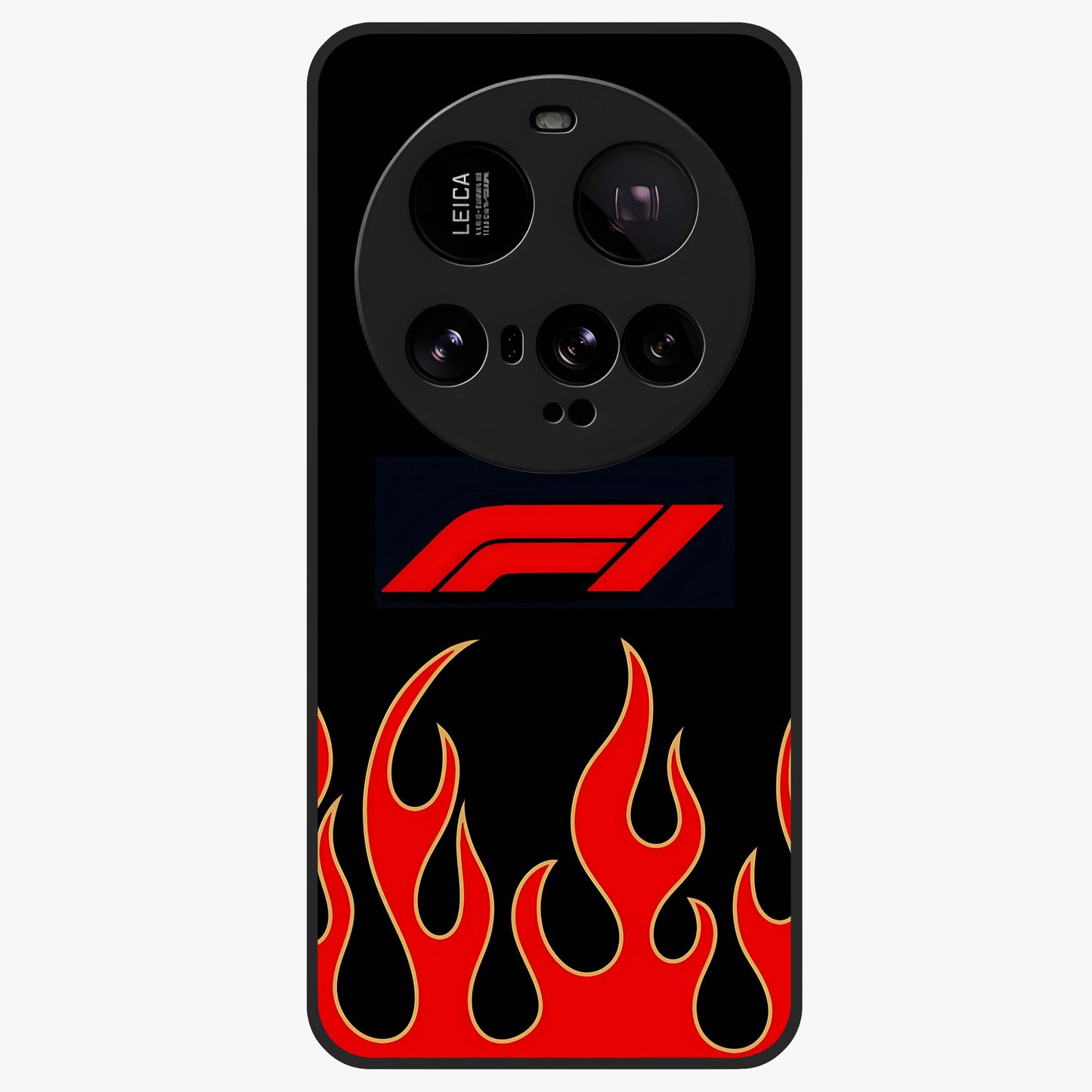 Fire F11 Glass Case showing flat back view with fiery themed artwork and glossy glass finish.