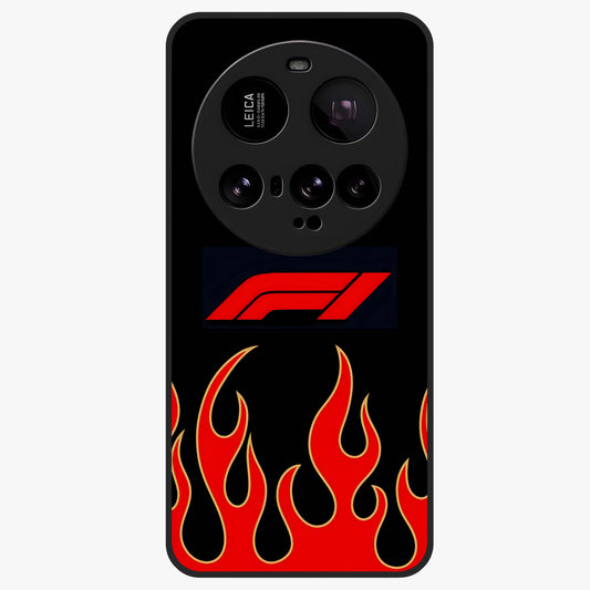 Fire F11 Glass Case showing flat back view with fiery themed artwork and glossy glass finish.