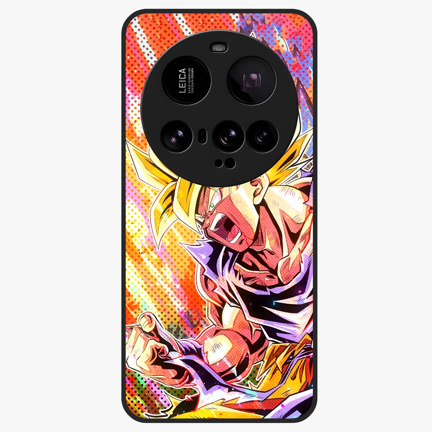 Firing Goku Glass Case showing flat back view with powerful anime inspired artwork and glossy glass finish.