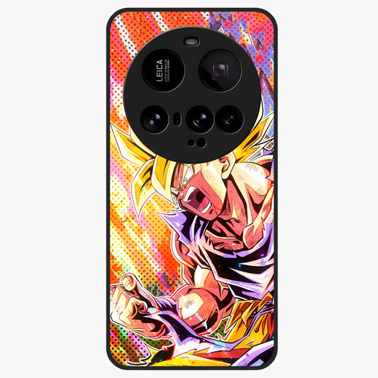 Firing Goku Glass Case showing flat back view with powerful anime inspired artwork and glossy glass finish.