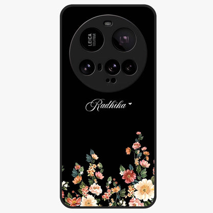 Floral Design With a Custom Personalized Name Glass Case showing flat back view with floral artwork and personalized name design.