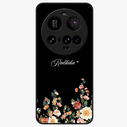 Floral Design With a Custom Personalized Name Glass Case showing flat back view with floral artwork and personalized name design.