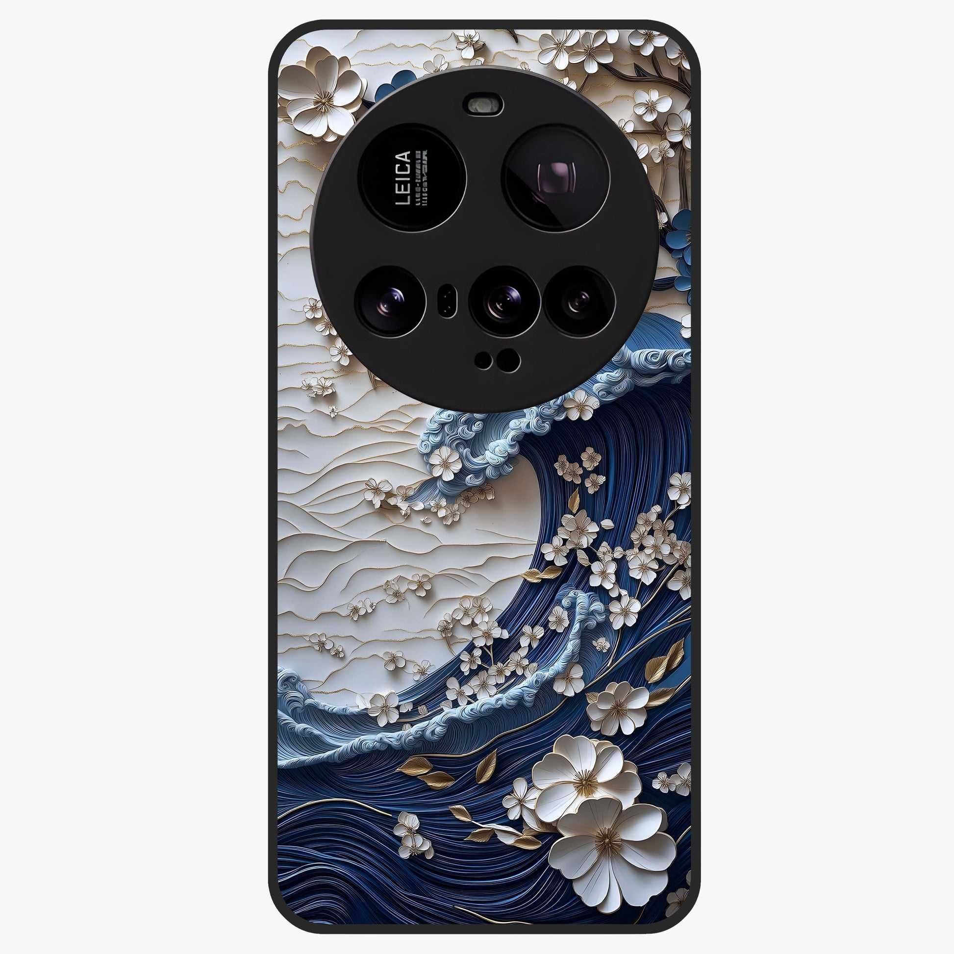 Floral Wave Origami Glass Case showing flat back view with origami inspired floral wave artwork and glossy glass finish.