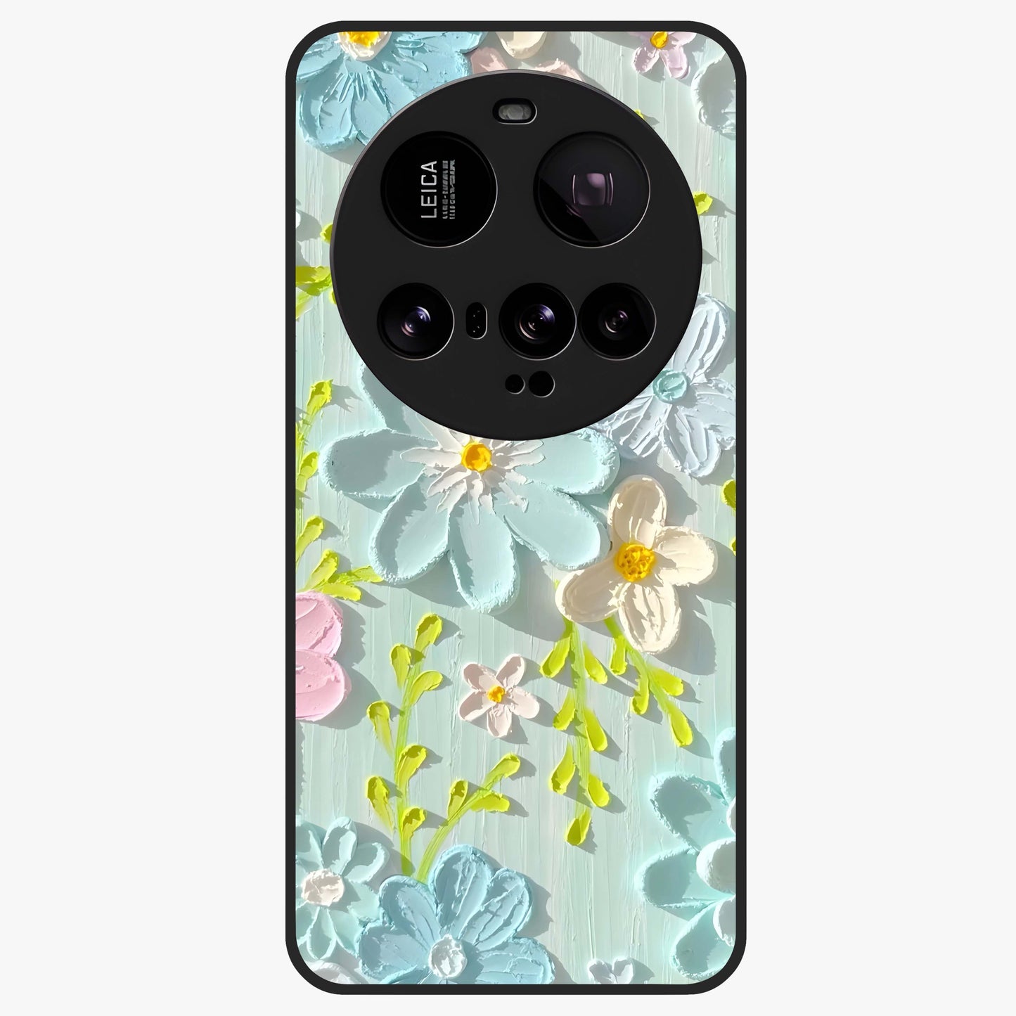 Frosted Petal Garden Glass Case showing flat back view with soft frosted floral artwork and glossy glass finish.