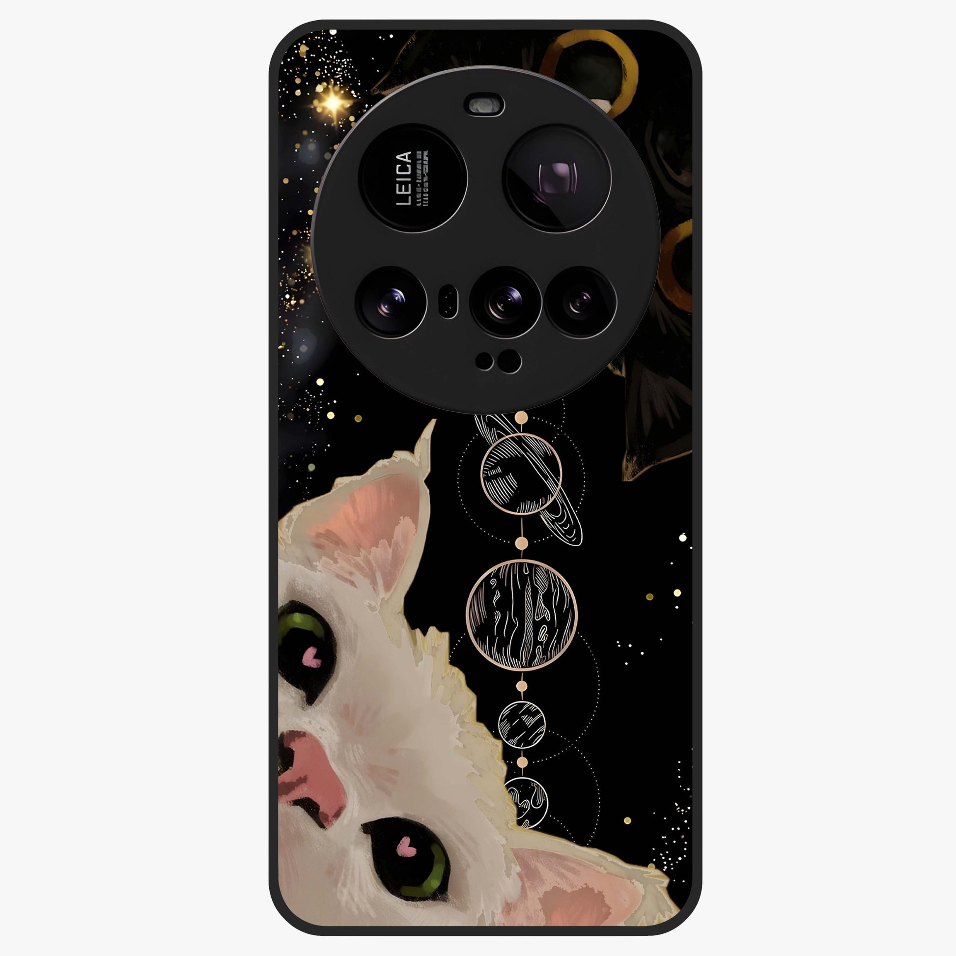 Galactic Cat Glass Case showing flat back view with cosmic cat artwork and glossy glass finish.