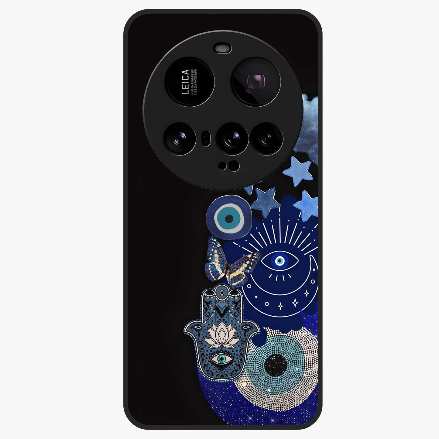 Galactic Charm Cluster Glass Case showing flat back view with glowing celestial charm artwork and glossy glass finish.