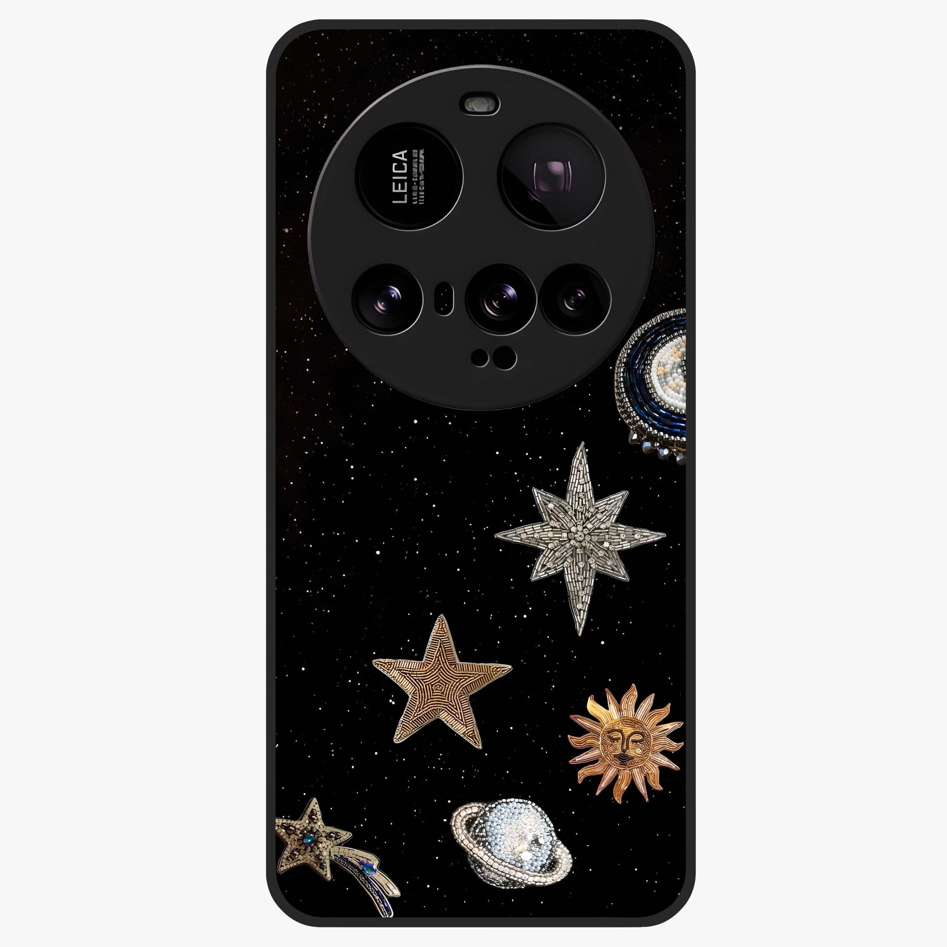 Galactic Charm Glow Glass Case showing flat back view with glowing celestial charm artwork and glossy glass finish.