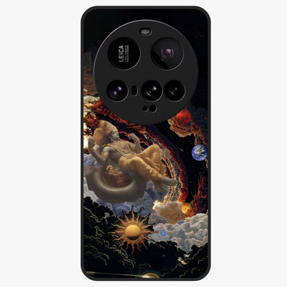 Galactic Divine God Glass Case showing flat back view with divine cosmic themed artwork and glossy glass finish.