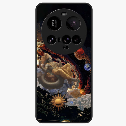 Galactic Divine God Glass Case showing flat back view with divine cosmic themed artwork and glossy glass finish.