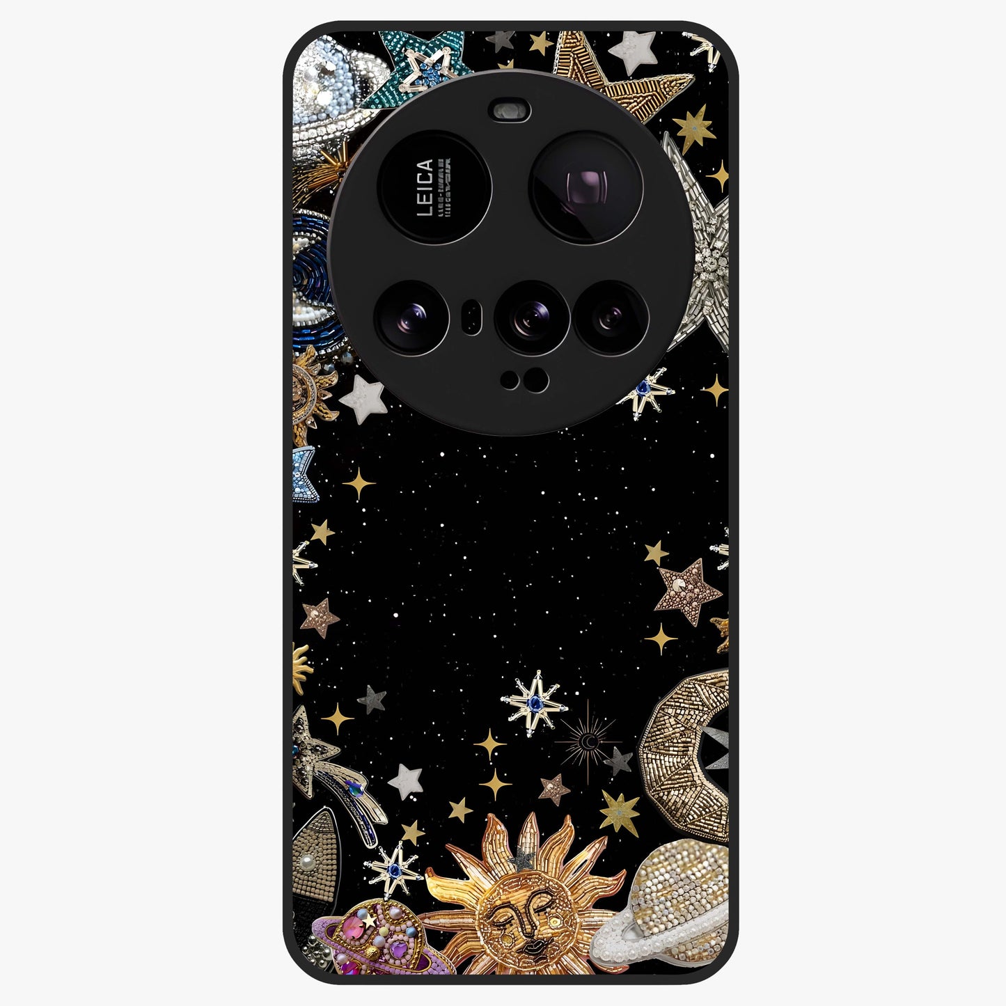 Galactic Jewel Stars Glass Case showing flat back view with sparkling star jewel artwork and glossy glass finish.