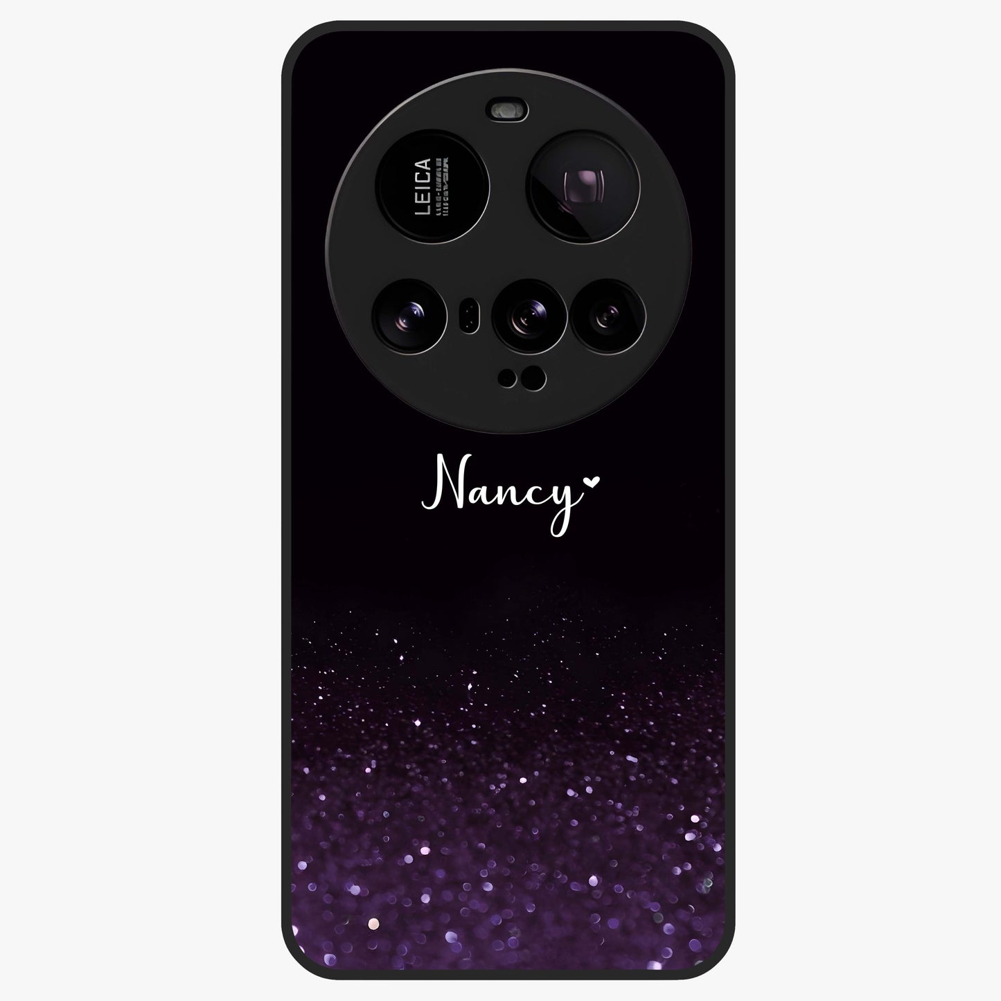 Glittery Purple Bokeh Custom Name Glass Case showing flat back view with purple bokeh sparkle artwork and personalized name design.