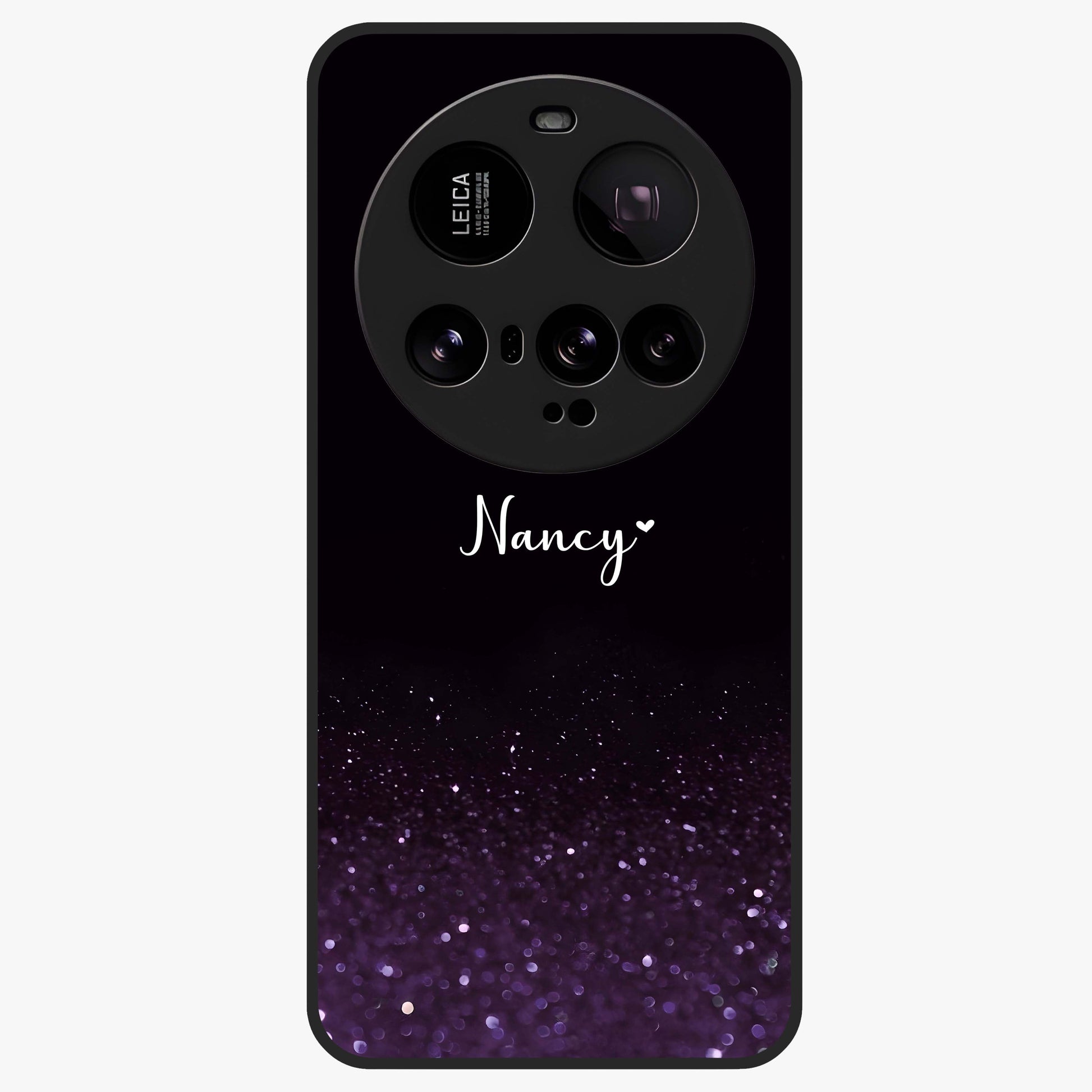 Glittery Purple Bokeh Custom Name Glass Case showing flat back view with purple bokeh sparkle artwork and personalized name design.