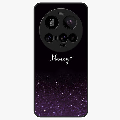 Glittery Purple Bokeh Custom Name Glass Case showing flat back view with purple bokeh sparkle artwork and personalized name design.