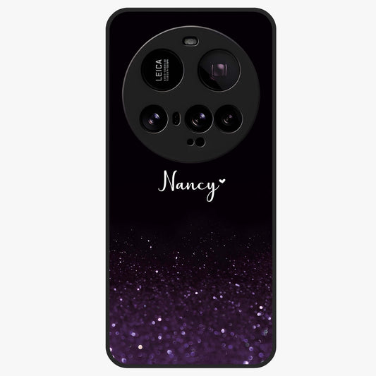 Glittery Purple Bokeh Custom Name Glass Case showing flat back view with purple bokeh sparkle artwork and personalized name design.