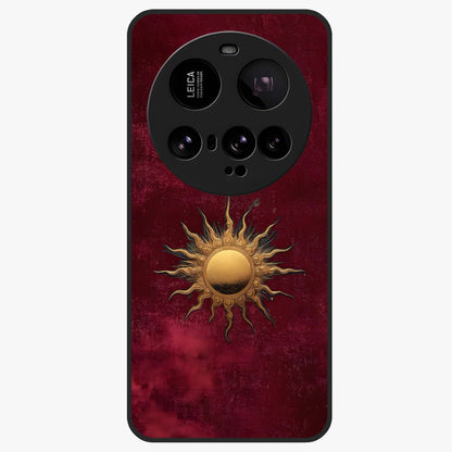 Gold Sun Blush Glass Case showing flat back view with golden sun inspired artwork and glossy glass finish.