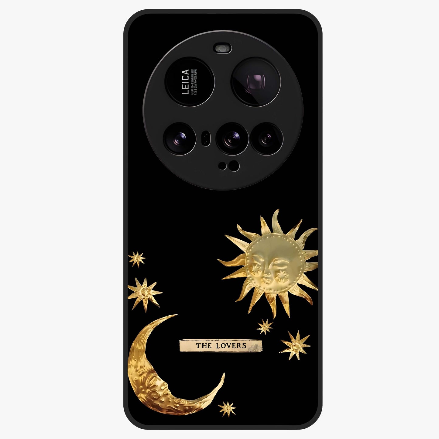 Golden Celestial Charm Glass Case showing flat back view with golden celestial charm artwork and glossy glass finish.