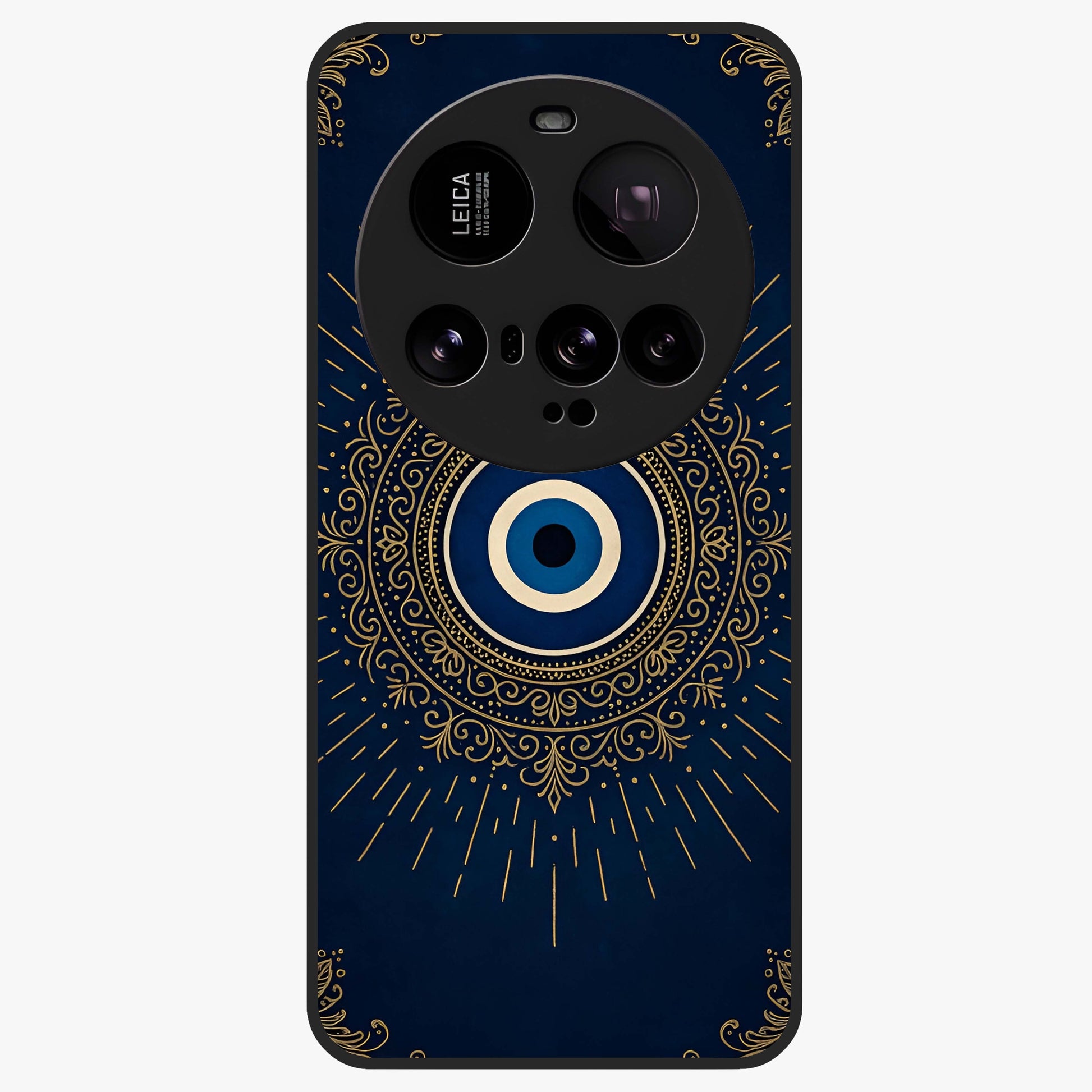 Golden Evil Eye Mandala Glass Case showing flat back view with intricate evil eye mandala artwork and glossy glass finish.