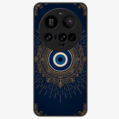 Golden Evil Eye Mandala Glass Case showing flat back view with intricate evil eye mandala artwork and glossy glass finish.