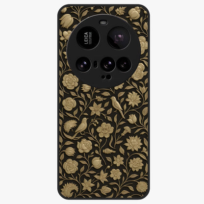 Golden Floral Majesty Glass Case showing flat back view with luxurious golden floral artwork and glossy glass finish.