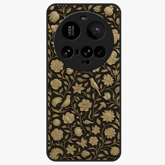 Golden Floral Majesty Glass Case showing flat back view with luxurious golden floral artwork and glossy glass finish.