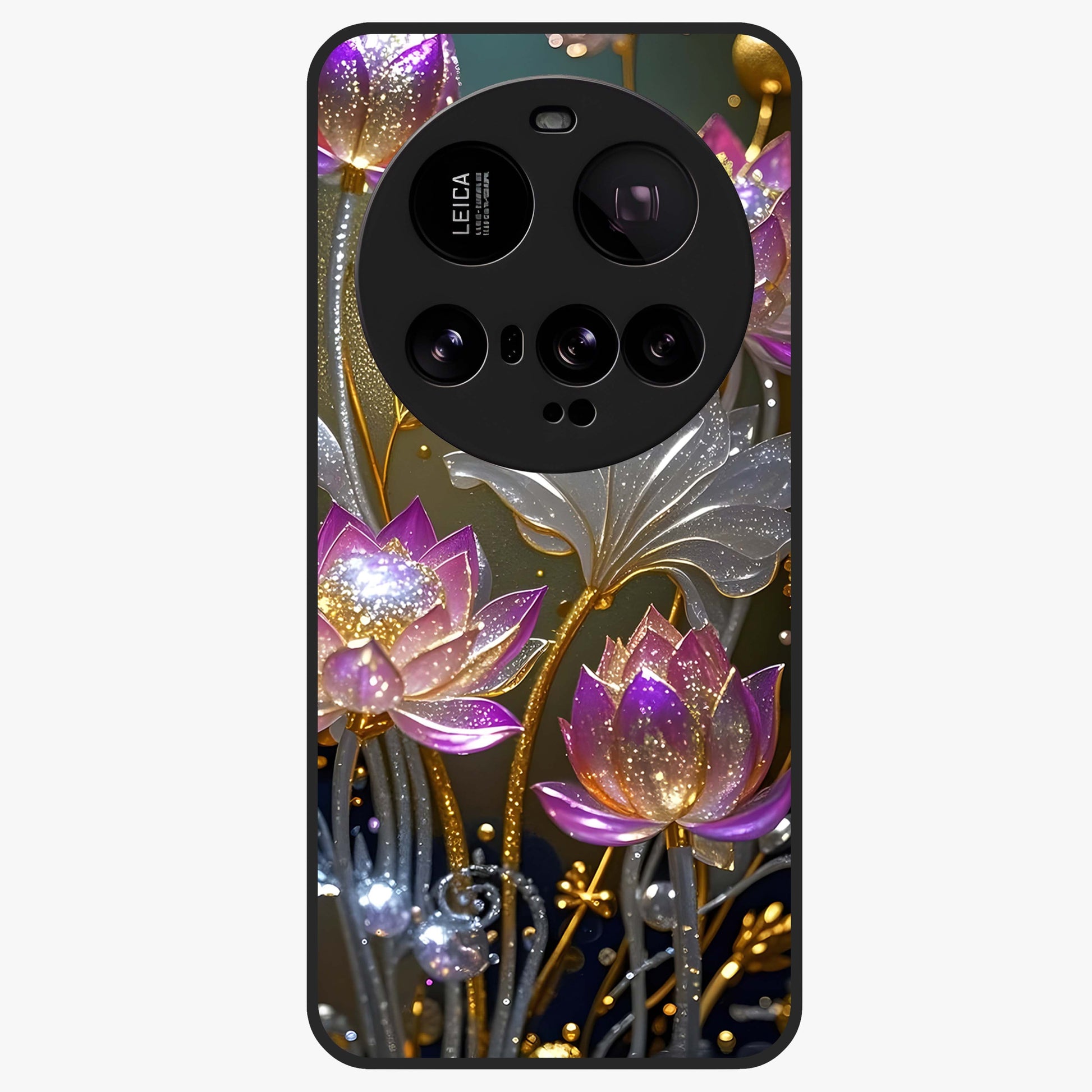 Golden Lotus Glow Glass Case showing flat back view with glowing lotus flower artwork and glossy glass finish.