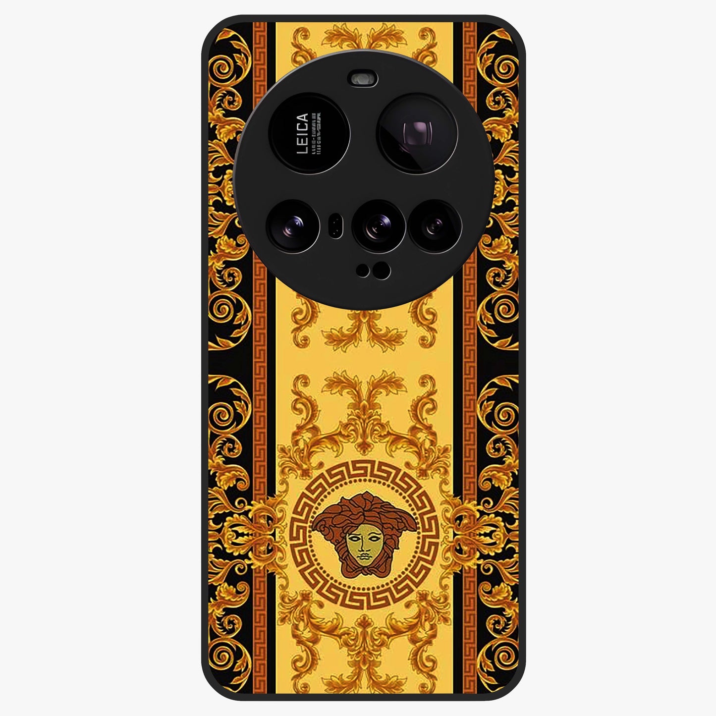 Golden Royal Heritage Glass Case showing flat back view with ornate royal pattern artwork and glossy glass finish.
