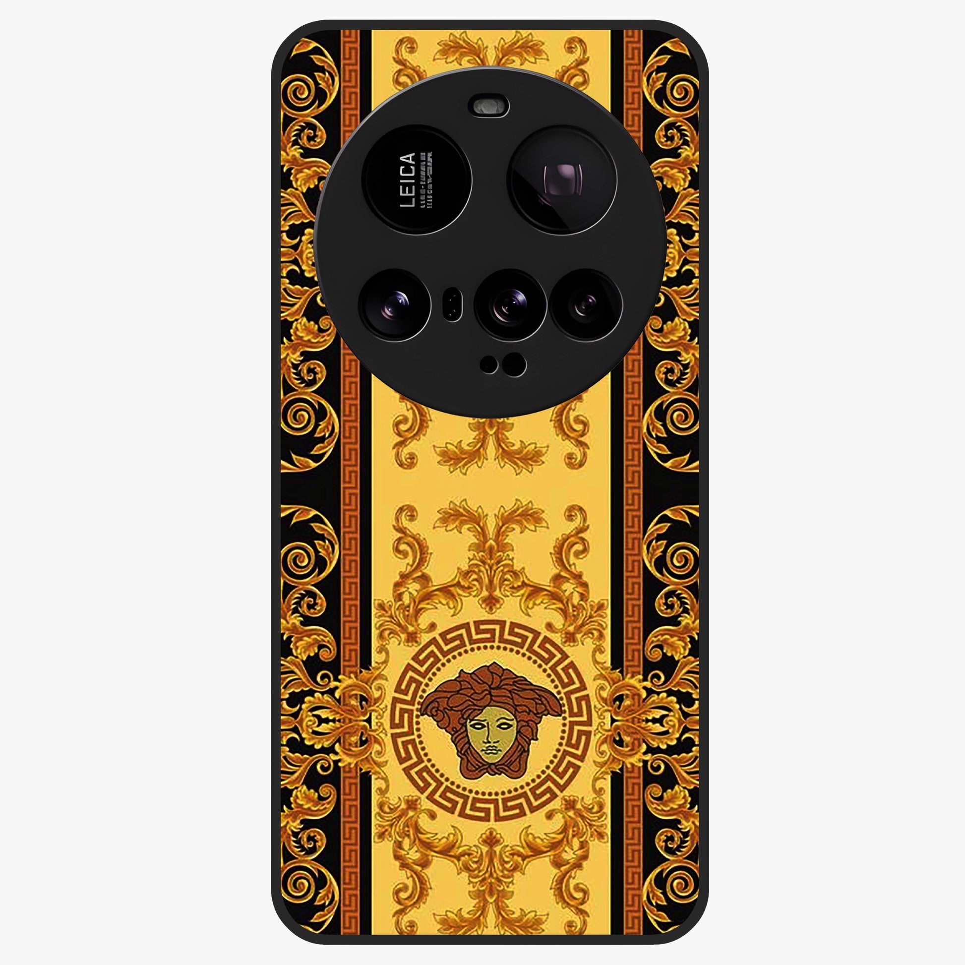 Golden Royal Heritage Glass Case showing flat back view with ornate royal pattern artwork and glossy glass finish.