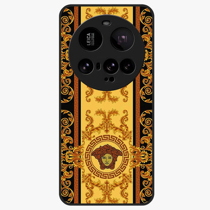 Golden Royal Heritage Glass Case showing flat back view with ornate royal pattern artwork and glossy glass finish.