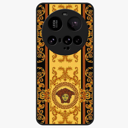 Golden Royal Heritage Glass Case showing flat back view with ornate royal pattern artwork and glossy glass finish.
