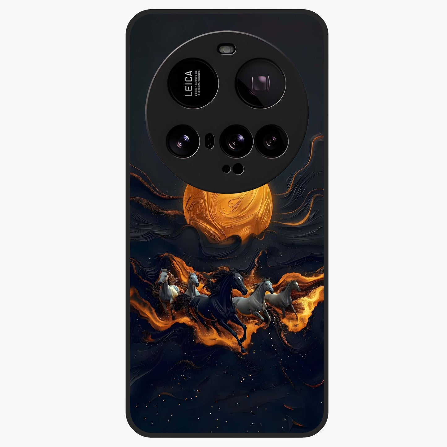 Golden Stallion Moonride Glass Case showing flat back view with majestic horse under moonlight artwork and glossy glass finish.