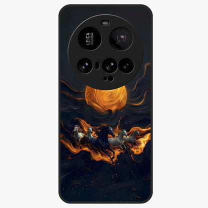 Golden Stallion Moonride Glass Case showing flat back view with majestic horse under moonlight artwork and glossy glass finish.