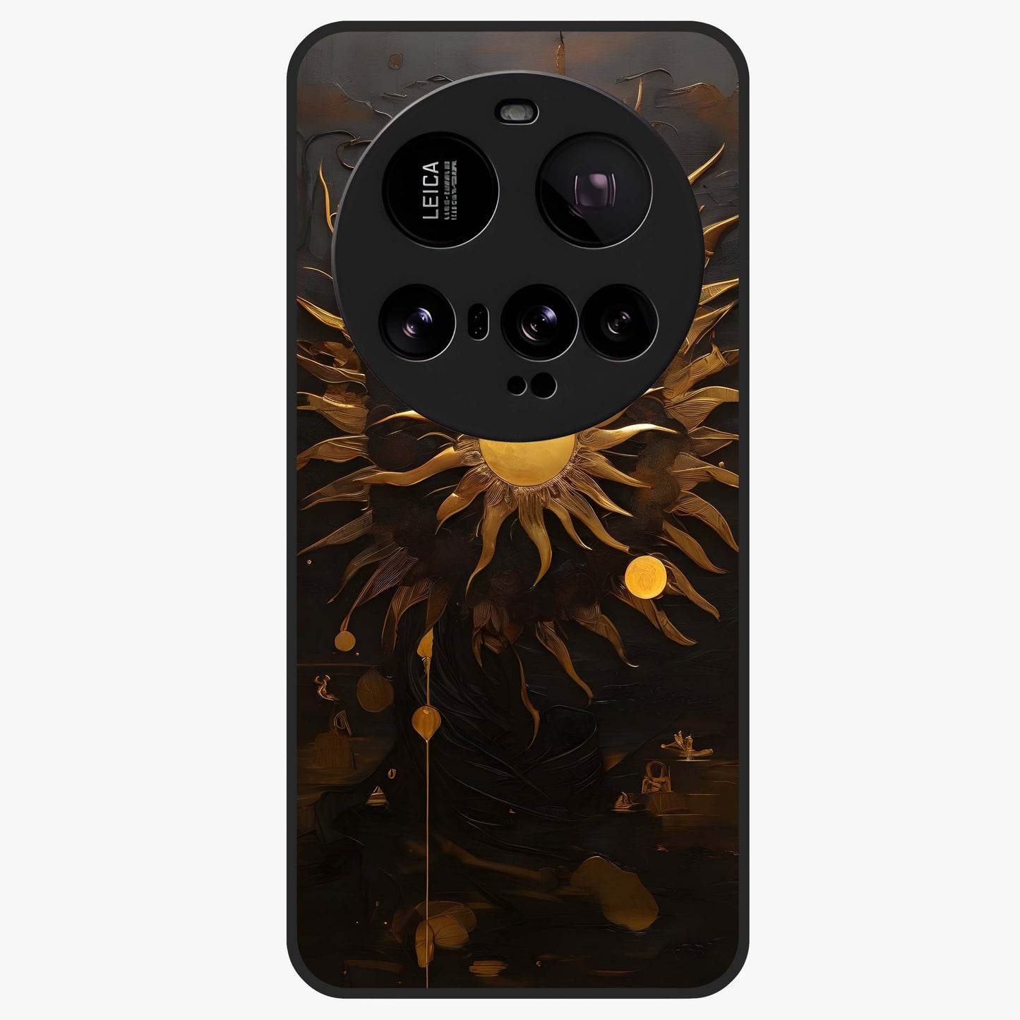 Golden Sun Majesty Glass Case showing flat back view with radiant golden sun artwork and glossy glass finish.