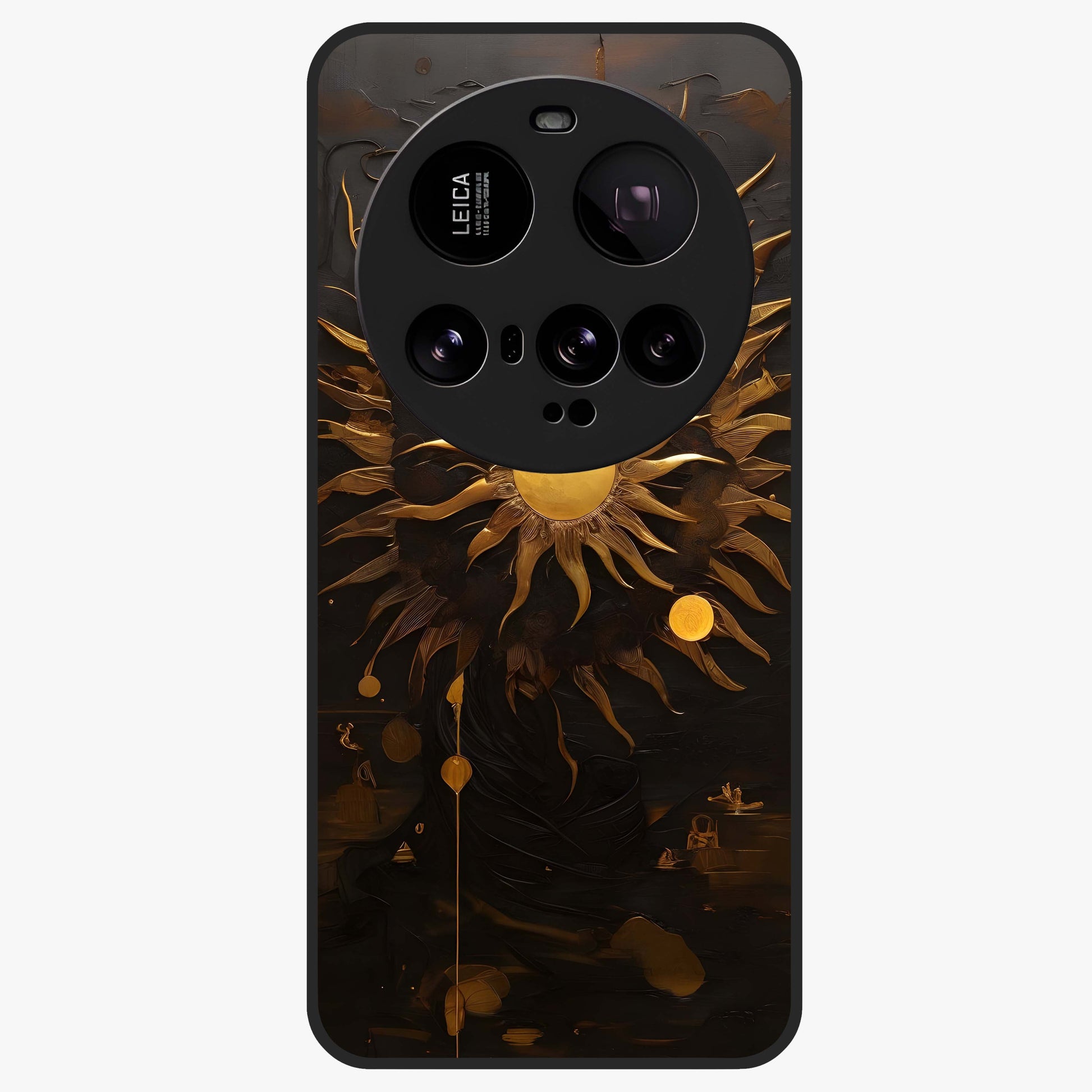 Golden Sun Majesty Glass Case showing flat back view with radiant golden sun artwork and glossy glass finish.